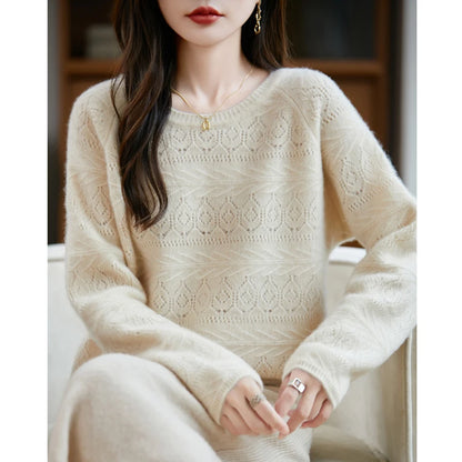 New Arrival Women's Hollow Out 100% Wool Knitted Sweater Round Neck Long Sleeve Slim Fit Breathable Pullover Versatile Daily Top