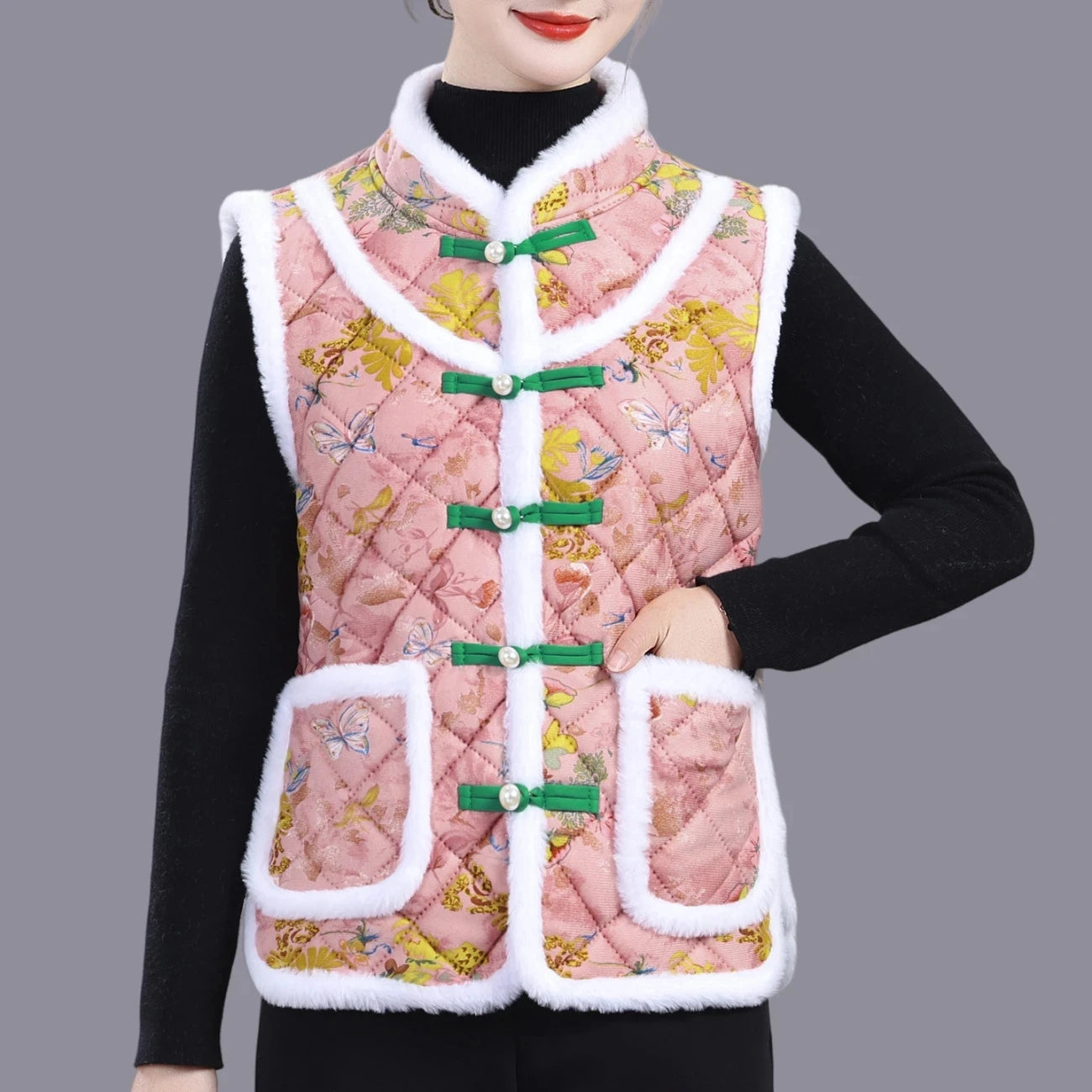 5XL Middle-aged Mother Vest Autumn Winter New Printed Fleece Vest Coat Female Sleeveless Jacket Grandma Thicken Warm Waistcoat