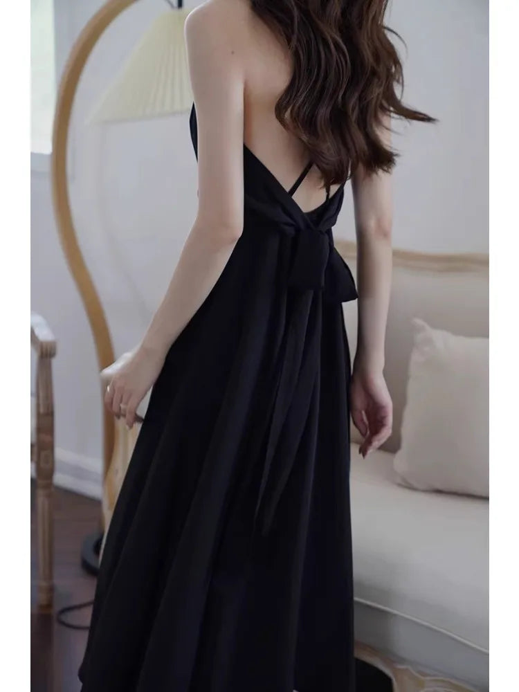 Elegant Black Backless V-Neck Slip Dress, Flowy Spaghetti Strap A-Line Sundress with Adjustable Straps, Summer Beach Party Dress