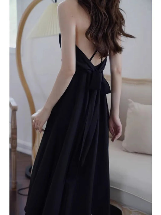 Elegant Black Backless V-Neck Slip Dress, Flowy Spaghetti Strap A-Line Sundress with Adjustable Straps, Summer Beach Party Dress