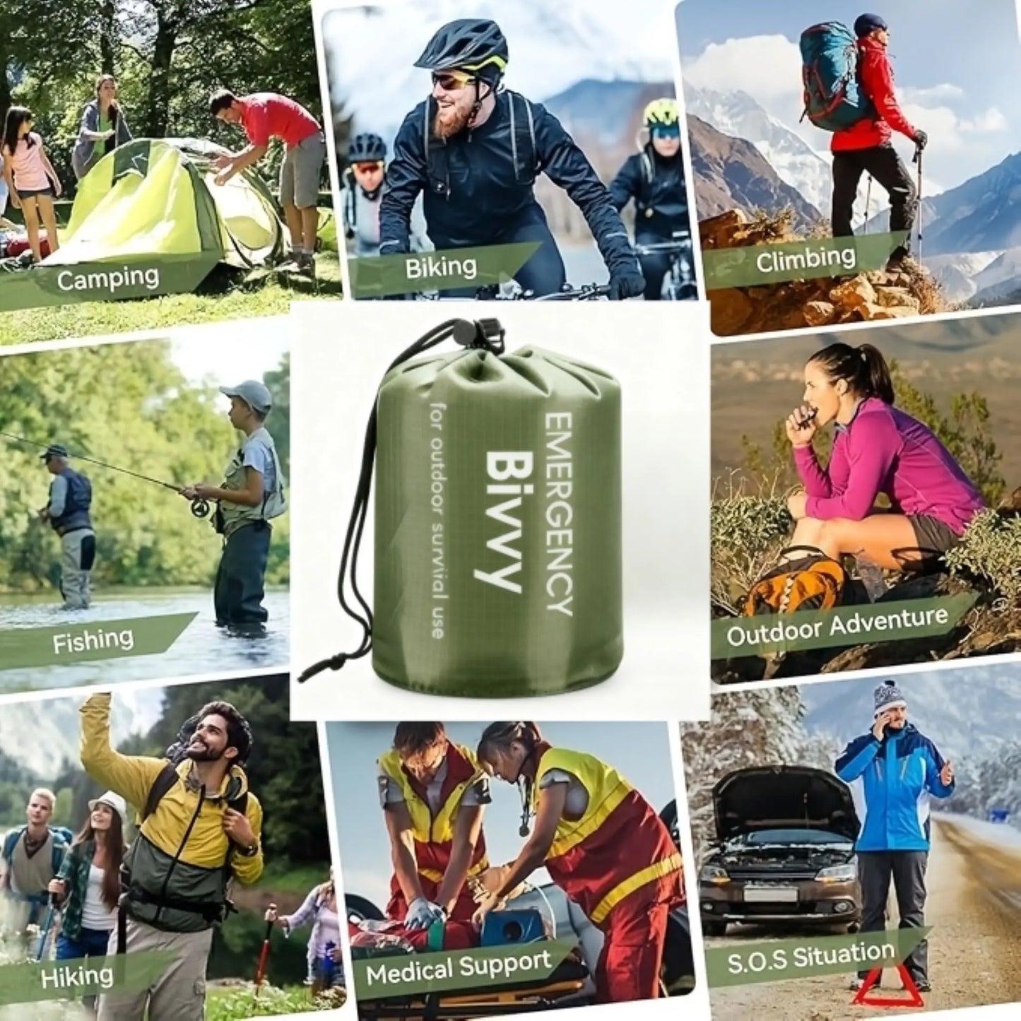 Multi-pack emergency sleeping bags, green, drawstring bag,suitable for outdoor camping, emergency use, and outdoor activities