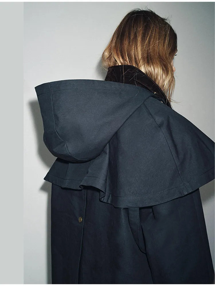 Fashion Casual Cloak Short jacket For Women Navy blue Design Sense Style Detachable Hat Coat 2025 New Lady Autumn Streetwear