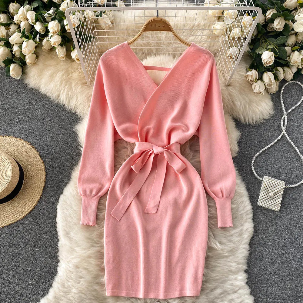 YuooMuoo Women Dress 2025 Autumn Winter Elegant Sash Bandage Bodycon Mini Dress Chic Fashion Y2K Knitted Ladies Dresses Party