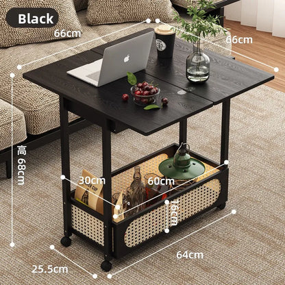 Wooden antique style coffee table, mobile coffee table, sofa side table, cart with pulley storage rack, rattan fence decoration