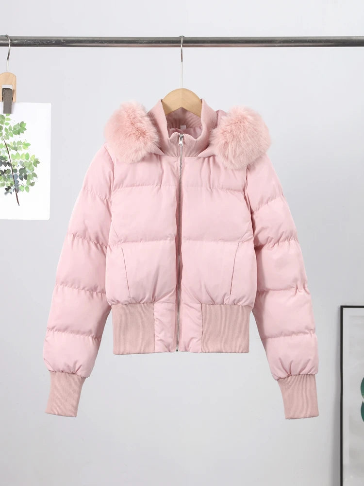 Fashion Faux Fur Hooded Quilted Coat For Women Casual Full Sleeve Zipper Pocket Cropped Jacket Lady 2025 Winter Street Outerwear