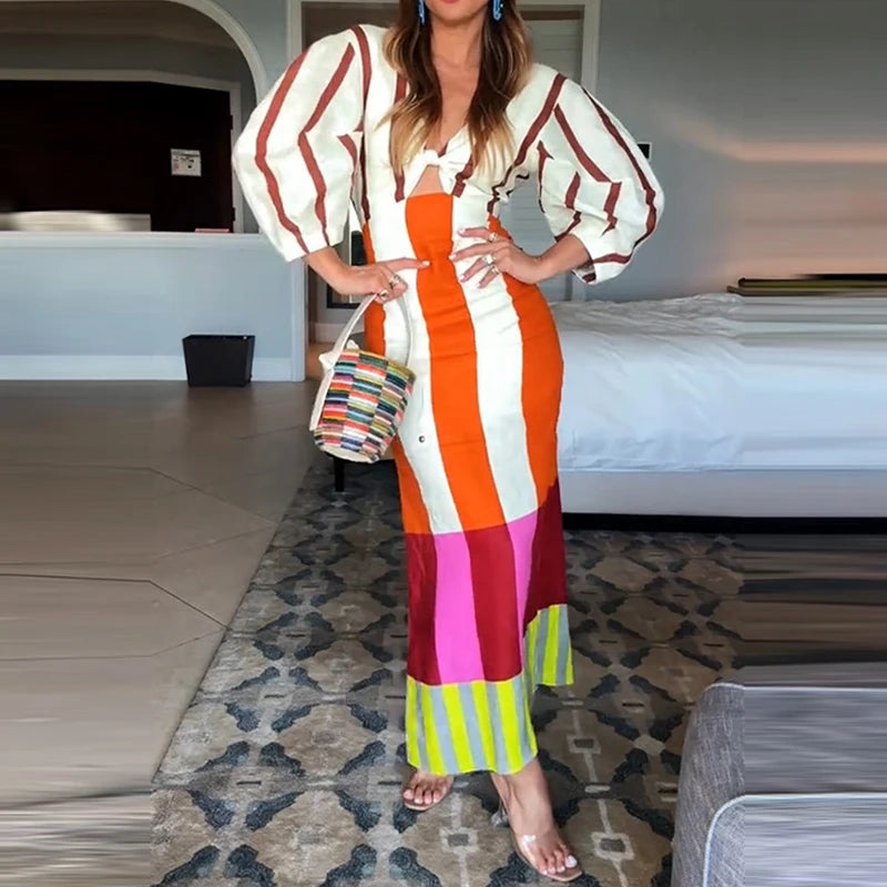 Puff Sleeves High Waist Slim Fit Women's Long Dress Vintage Side Split Holiday Dress Low Cut V Neck Pattern Printed A-line Dress