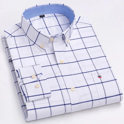Men's Long Sleeve Oxford Dress Shirt 100% Cotton Plaid Checkered Chest Pocket Button Down Collar Casual Shirts