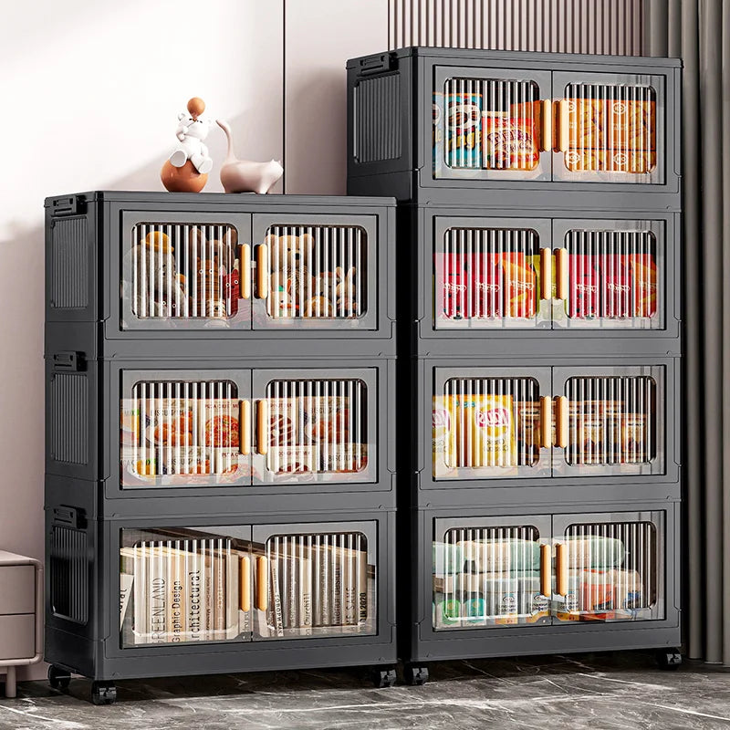 Foldable Clear Double-Door Storage Cabinet Large Space-Saving Mobile Organizer Dustproof Moisture-Proof for Kitchen Living Room