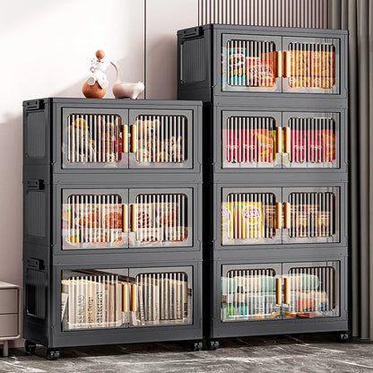 Foldable Clear Double-Door Storage Cabinet Large Space-Saving Mobile Organizer Dustproof Moisture-Proof for Kitchen Living Room