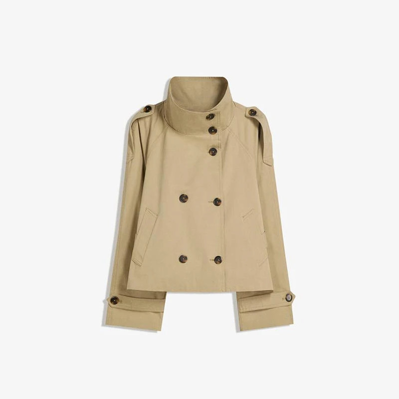Women's Chic Stand Collar Double-breasted Belted Waist Cropped Trench Coat Shoulder Epaulets 2025 Autumn Casual Street Outerwear