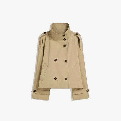 Women's Chic Stand Collar Double-breasted Belted Waist Cropped Trench Coat Shoulder Epaulets 2025 Autumn Casual Street Outerwear