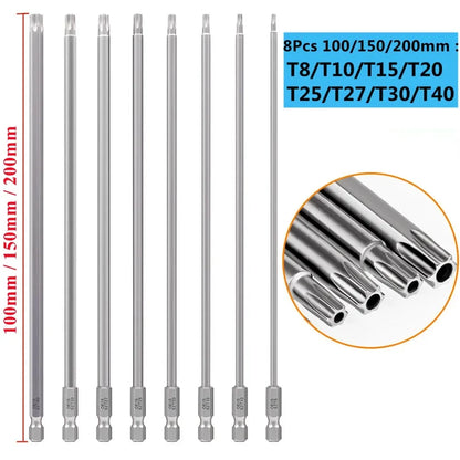 8PCS Torx Screwdriver Bit Set 1/4 Inch Hex Shank Magnetic Star Bits T8-T40 for Drill Wrench 150mm 200mm