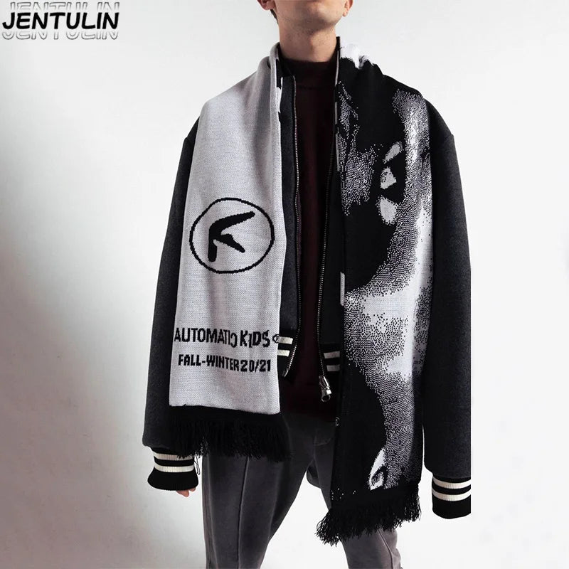 Y2K Aphex Twin creative hip-hop knit scarves warm Pullover oversize men's Streetwear scarves winter scarves apron black tassels
