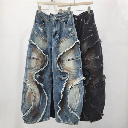 DEAT 2025 Autumn New Fashion Patchwork Burrs Cargo Denim Pants For Women High Waist Loose Wide-leg Jeans Female Trendy 11A06257