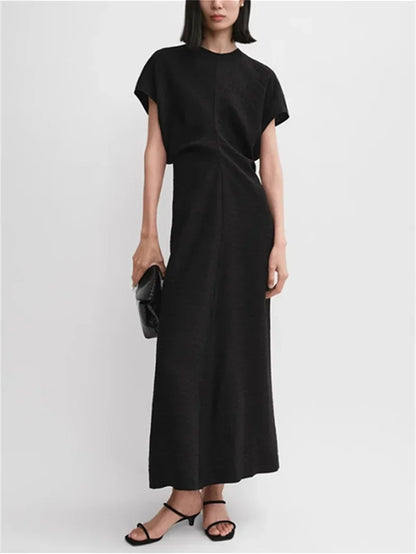 Women's Minimalist Mid-Calf Dress Round Neck Summer Ladies Zipper Draping Pleated Elegant Robe