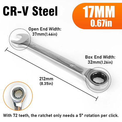 72-tooth ratchet wrench, 6-17mm adjustable range, reversible dual-head open-end wrench, perfect for auto and bicycle maintenance