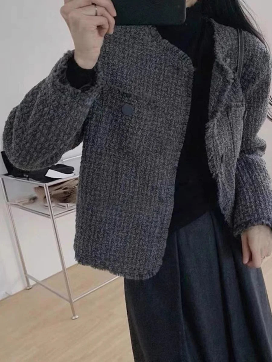 2024 Spring New Sle Women's Faion Knitted ort Coat with Large Flower Pattern Long Sve round Ne Button up Top