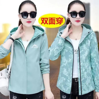 Double-Sided Wear Hooded Windbreaker Women Coat 2025 New Spring Autumn Korean Fashion Loose Jacket Female Mom Outwear Tops T947