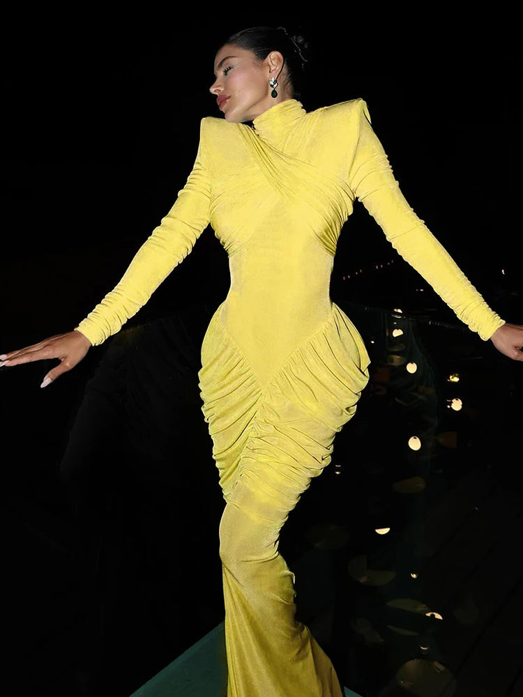 Weird Puss Autumn New Style Maxi Dress Women Turtleneck Full Sleeve Backless Skinny Stretch  Prom Party Ruched Elegant Vestidos