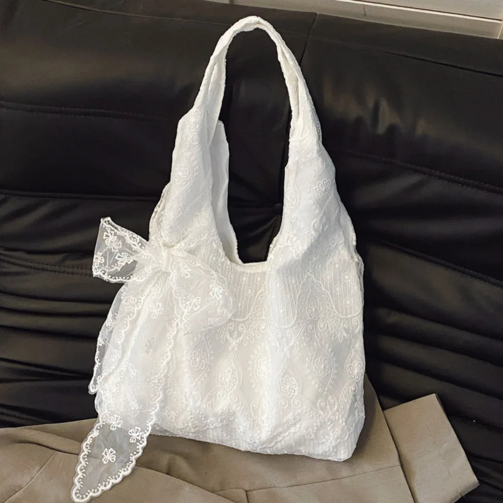 With Silk Scarf Floral Print Lace Handbag Lightweight Versatile Embroidery Lace Shoulder Bag Canvas Korean Style Tote Bag