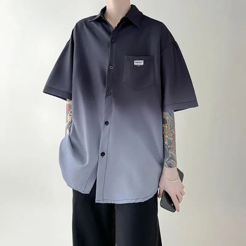 New Summer Tie-dyed Gradient Short-sleeved Shirt Men Loose Trendy Casual Five-part Cardigan