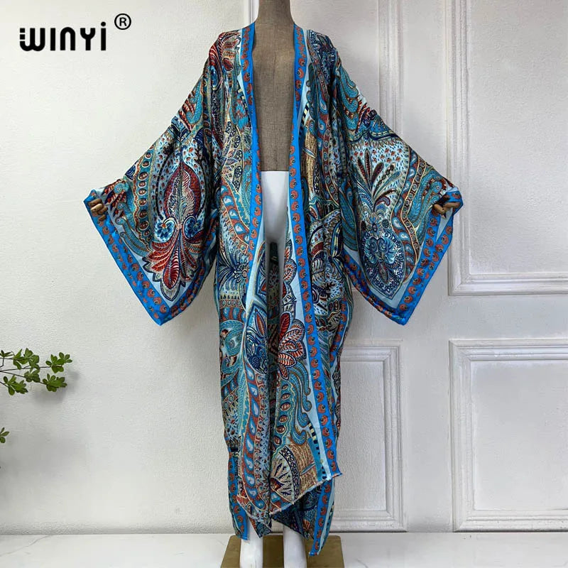 WINYI Classic bohemian beach cover up Swim Suit elegant African women boho Cardigan sexy Holiday long Sleeve Kimono beach dress