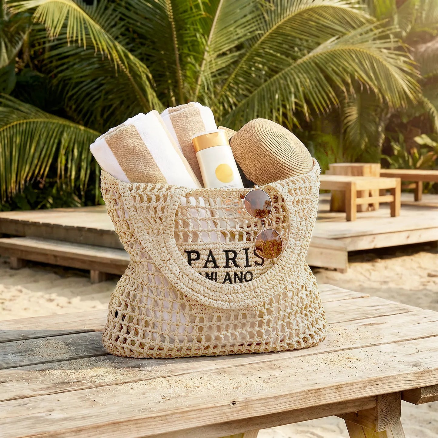 Straw Beach Bags for Women - Women Beach Handmade Woven Tote Bag, Summer Mesh Hollow Shoulder Bag for Holiday
