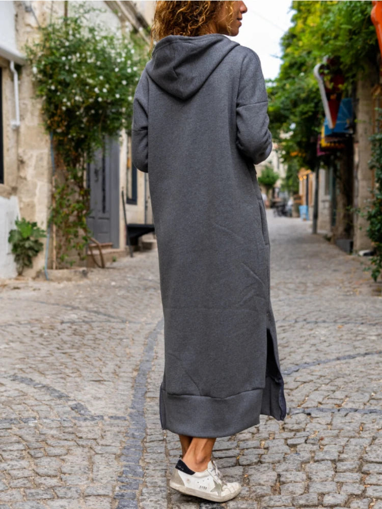 Autumn and Winter Fashion New Women's Warm and Loose Hoodie Dress Commuting Style Casual Hooded V-neck Slit Hoodie Long Skirt