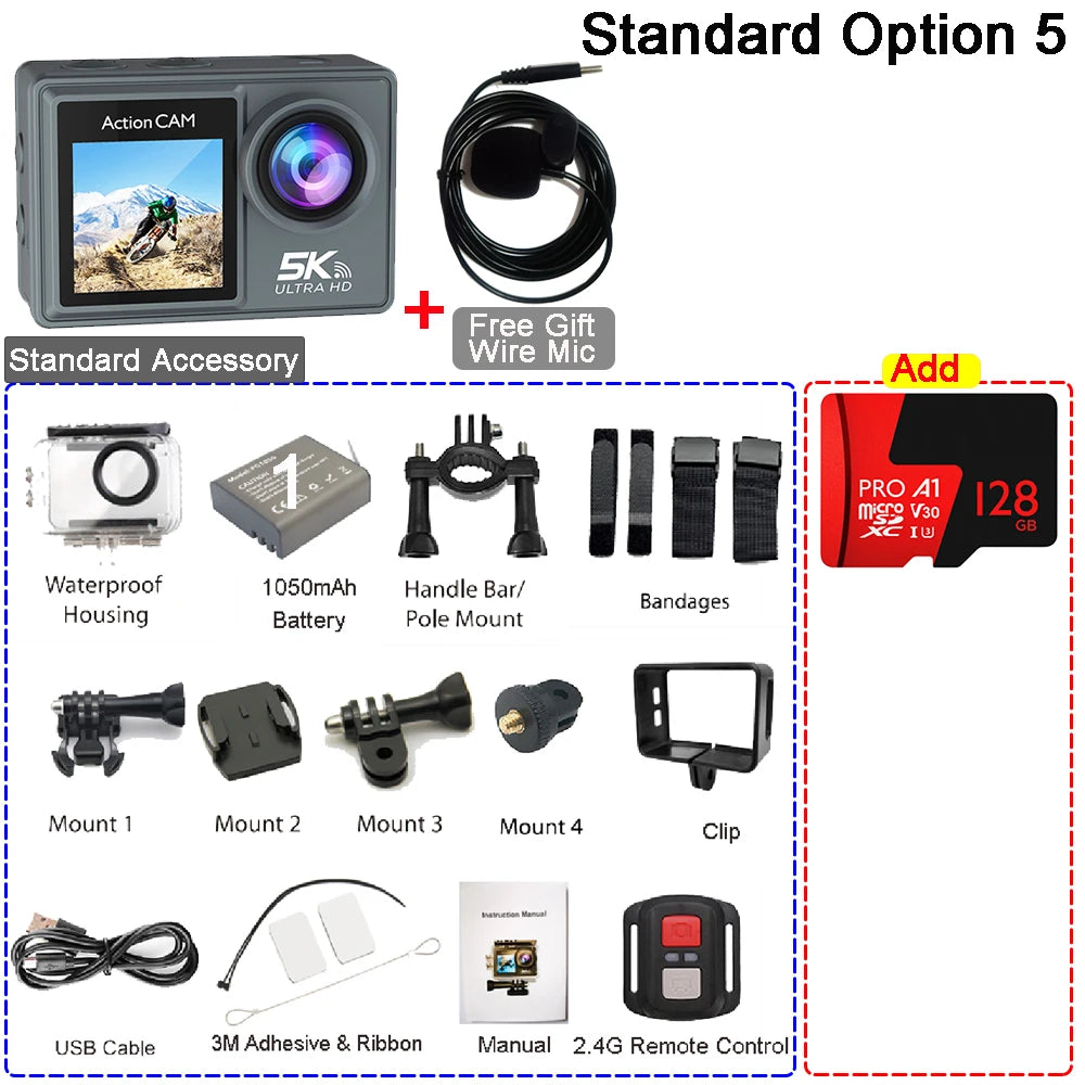 Action Camera 5K 4K60FPS Dual IPS Touch LCD EIS 170° 30M Waterproof 5X Zoom Sport Camera Optional Wireless Mic & Remote Control