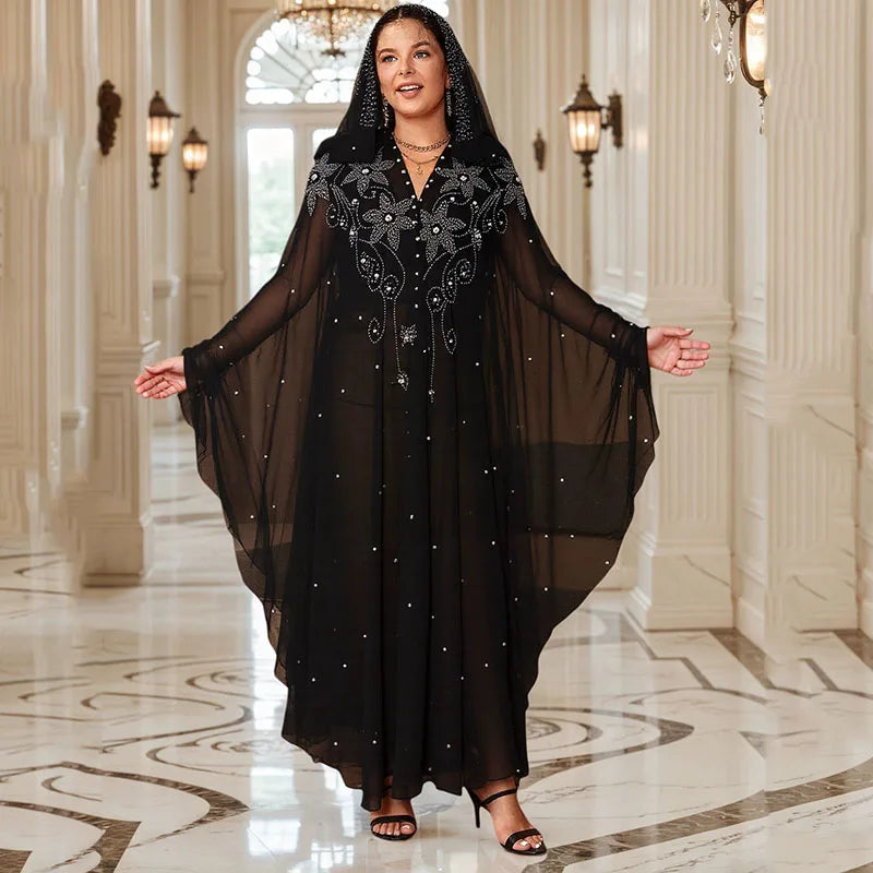 Middle East African Dresses for Woman Luxury Diamond Bead Muslim Long Robe Veiled Women Wearing Hooded Cloak Bat Sleeve Dress
