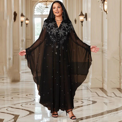 Middle East African Dresses for Woman Luxury Diamond Bead Muslim Long Robe Veiled Women Wearing Hooded Cloak Bat Sleeve Dress