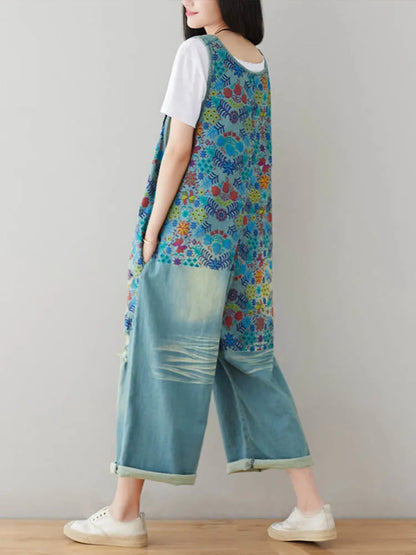 Amax luluE Streetwear 2025 Spring Flower Fashion Pants Women Vintage Printed Overalls Ladies Ripped Punk Jeans Bleached Trousers