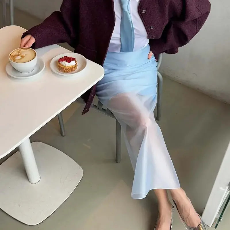 Women Seethrough High Waist Skirt Summer Casual Sexy Long Straight Skirt for Commuting Fashion Lady Splice Design