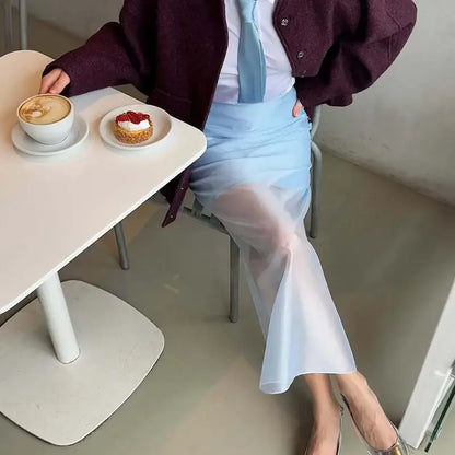 Women Seethrough High Waist Skirt Summer Casual Sexy Long Straight Skirt for Commuting Fashion Lady Splice Design