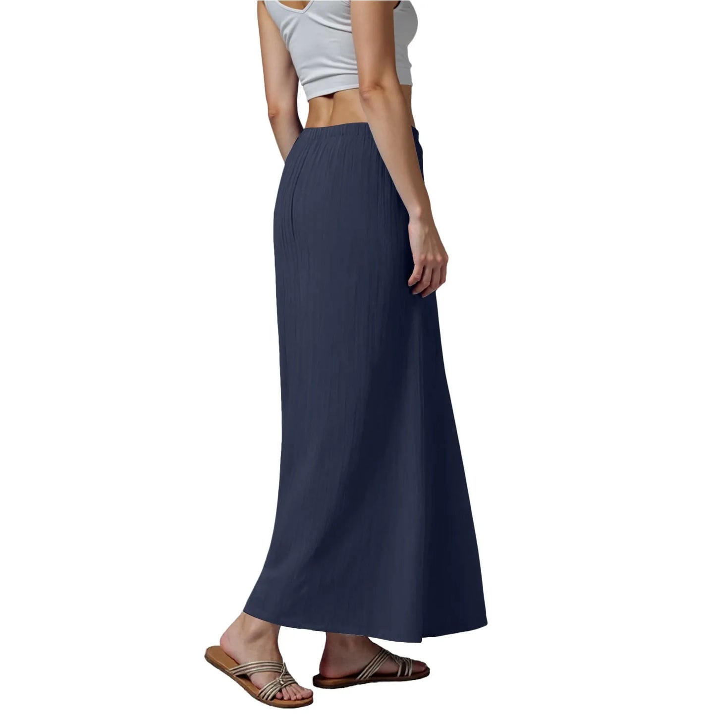Women Summer Cotton Linen A Line Skirts Elastic Waist Drawstring Comfy Trendy Long Skirt Boho Beach Vacation Long Skirt