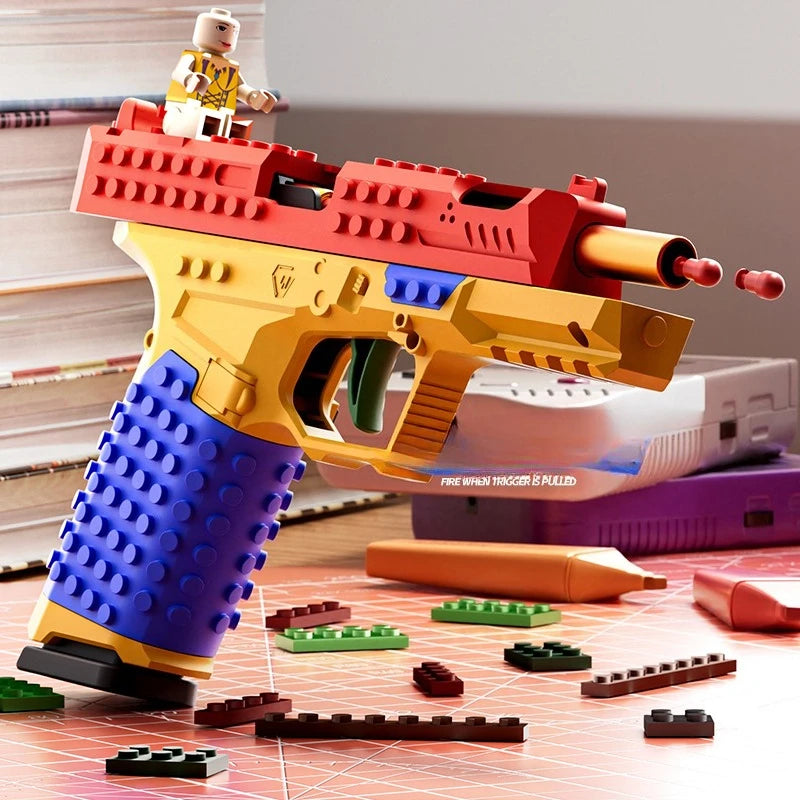 Building Block Pistol Shell Throwing Continuous Firing Airsoft Blowback Empty Hanging Toy Gun Outdoor CS Weapon for Boys Adult