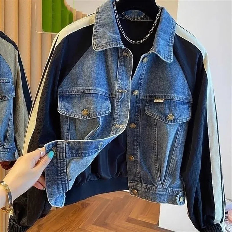 2025 Spring Autumn Short Baseball Jacket Loose Fitting Cowboy Women Outerwear European Fashion Splicing Together Denim Lady Coat
