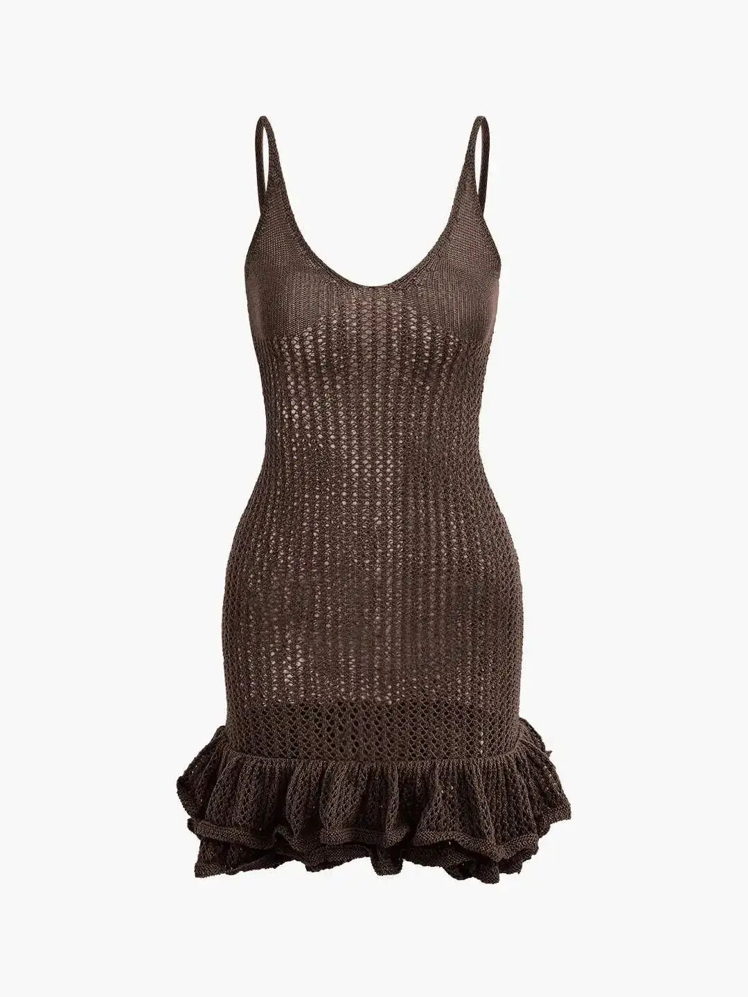 Open Knit Ruffle Hem Cami Mini Dress Crochet Knit Dresses Sleeveless Cover Up Dress Summer Party Female Soild Crochet Dress