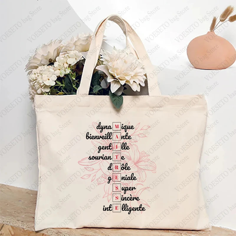Teacher Theme Tote Bag Inspired School Shoulder Bag with French Style Design, Educational Motif Handbag Cadeau Maitresse D'école