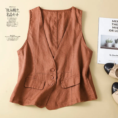 TingYiLi Cotton Linen Sleeveless Jacket For Women Summer V-neck White Khaki Green Black Vest Korean Style Waistcoat Cardigan