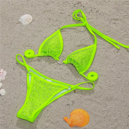 Sexy Halter Shining Rhinestone Bikini Women Swimwear Female Swimsuit Two-pieces Bikini Set Micro Bather Bathing Suit Swim Lady