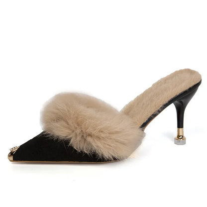 Women High Heel Shoes 2025 Fur Slippers Mules Pointed Toe Furry Slides Fashion Elegant Luxury Designer Flip Flops Office Pumps