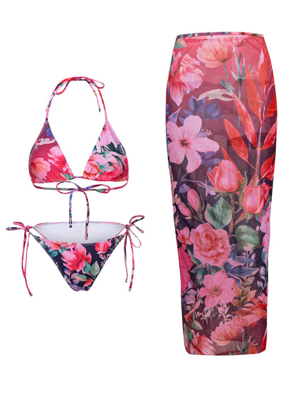 2025 New Flower Print Bikini Set Women's High Waist Long Skirt 3 Piece Swimsuit Sexy Mini Triangle Backless Thong Bathing Suit