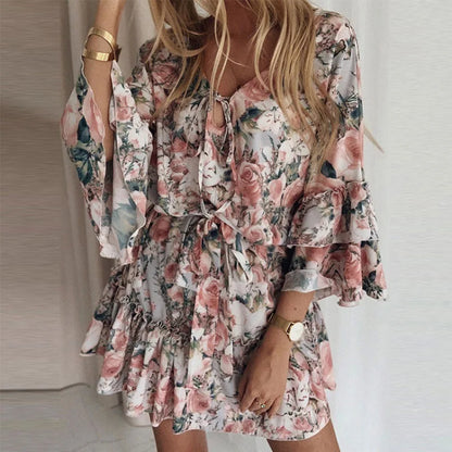 Summer Printed Dress V-neck Flare Sleeve Lace Up Mid Waist Ruffled Short Dress Temperament Office Dresses For Women 2023