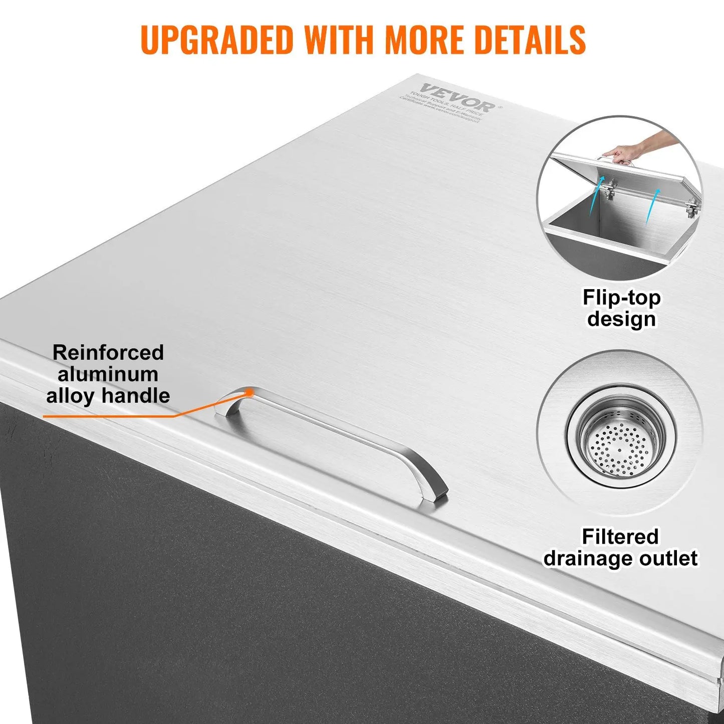 Drop in Ice Chest, 28"L x 16"W x 17"H Stainless Steel Ice Cooler, Commercial Ice Bin with Hinged Cover, 40 qt Outdoor Kitchen Ic