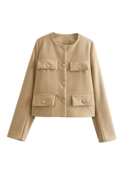 Women Elegant Cropped Jacket 2025 Women's Fashion Jacket O-Neck Long Sleeved Flip Pocket Coat Female Casual Outwear Tops