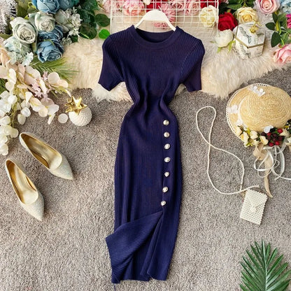 YuooMuoo  Women Dress European and American Fashion Short Sleeve Slimming Side Slit Knitted Mini Dress Streetwear Lady Outfits