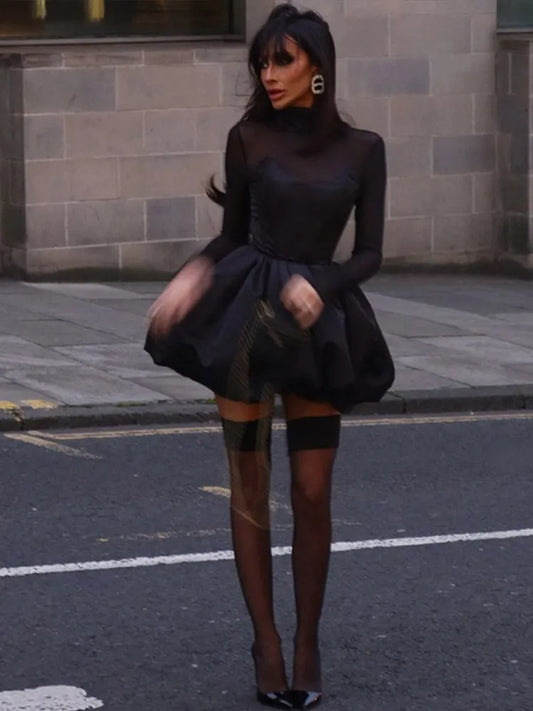 Elegant Lace Dresses Women See Through Long Sleeves Puffy Dresses Female 2024 Fashion Solid Evening Party A Line Robe Lady
