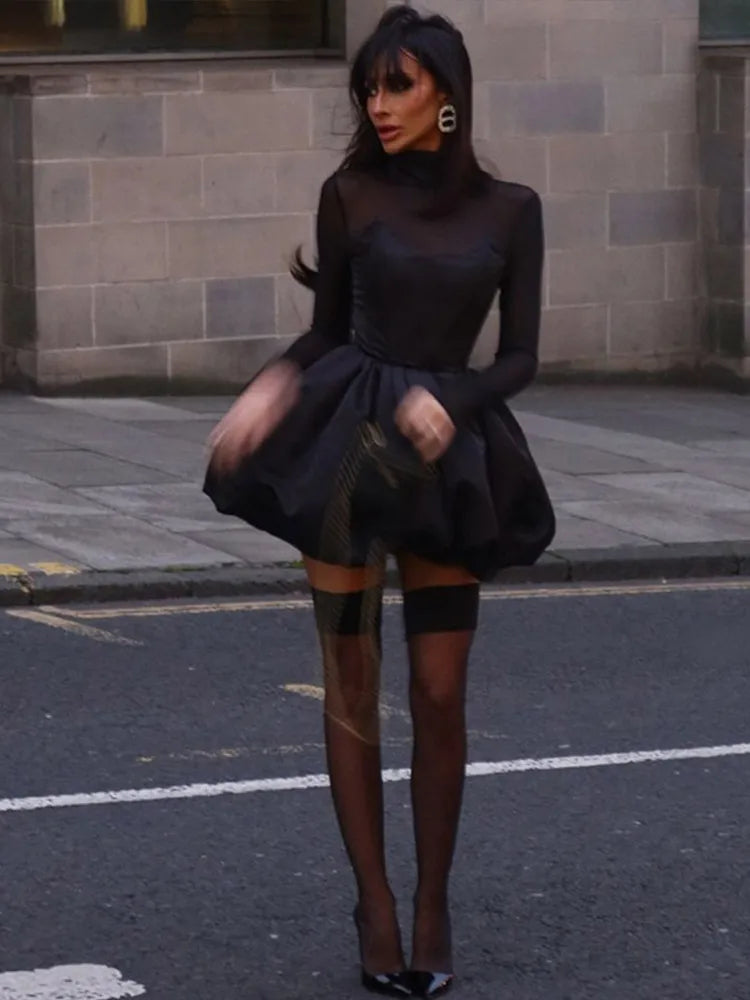 Elegant Lace Dresses Women See Through Long Sleeves Puffy Dresses Female 2024 Fashion Solid Evening Party A Line Robe Lady