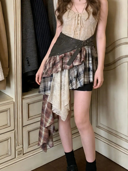 Women's Maillard Grid Splicing Skirt Y2K Irregular Stacked Japanese Harajuku Street Fashion Academy Retro Mini A-line Skirt 2024